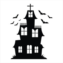 Spooky haunted house silhouette with bats and cross for halloween night