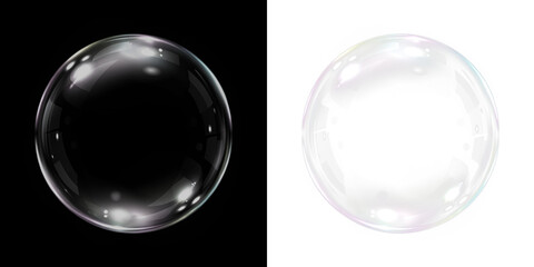 Transparent soap bubble overlay on black and white backgrounds, showcasing reflections and light refractions, ideal for creative design and artistic projects