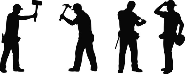 Construction worker silhouettes, manual labor poses, hammering, tool belt, teamwork, industrial workforce, occupational safety, building industry, construction site