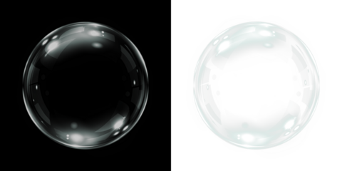 Transparent bubble overlay on contrasting backgrounds, showcasing reflections and highlights, ideal for creative design projects and visual storytelling elements