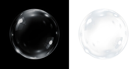 Transparent bubble overlay on contrasting backgrounds, showcasing reflections and light refractions, ideal for creative design projects and digital compositions with copy space