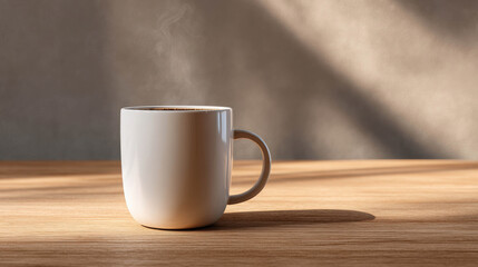 Fototapeta premium Elegant White Ceramic Coffee Cup on Light Wooden Table with Soft Shadows and Steam Rising in a Calm Modern Setting