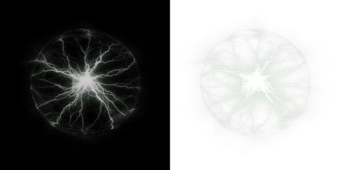 Electric energy sphere with dynamic lightning bolts radiating from the center, showcasing vibrant contrasts against dark and light backgrounds, symbolizing power and innovation