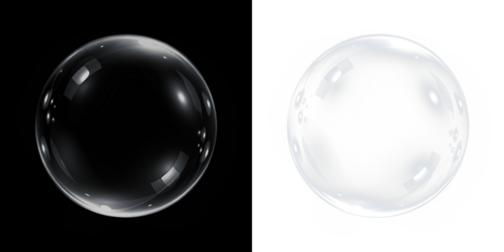 Transparent bubble overlay on contrasting backgrounds, showcasing reflections and highlights, ideal for creative design projects and visual storytelling with copy space