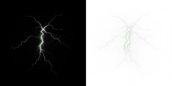 Lightning bolt illustration on contrasting backgrounds, showcasing dynamic energy and natural power, ideal for creative projects and visual storytelling with copy space