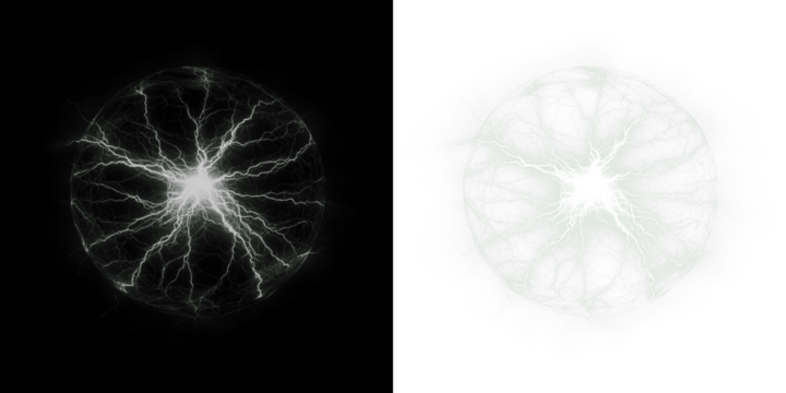 Electric energy sphere with dynamic lightning bolts radiating from the center, showcasing vibrant contrasts against dark and light backgrounds, symbolizing power and innovation
