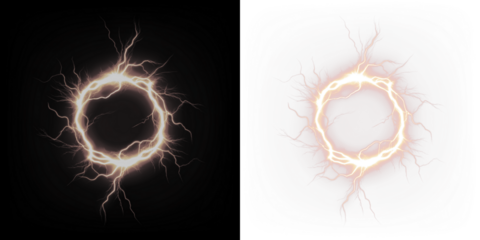 Electric energy ring with lightning bolts, glowing in a circular shape, set against contrasting dark and light backgrounds, ideal for dynamic design projects and visual effects