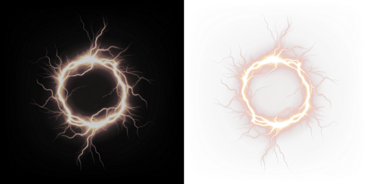 Electric energy ring with lightning bolts, glowing in a circular shape, set against contrasting dark and light backgrounds, ideal for dynamic design projects and visual effects