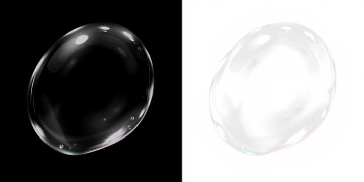 Transparent soap bubble overlay on contrasting backgrounds, showcasing delicate reflections and textures, ideal for creative design projects and visual storytelling