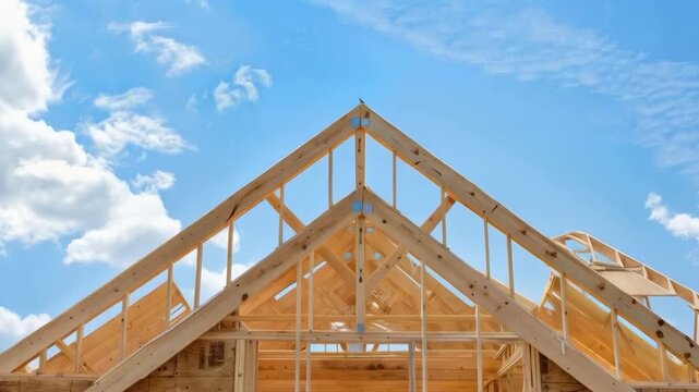 The frame of a wooden house with an open roof against a clear sky. In demand for articles on construction, architecture, real estate projects, and advertising eco-friendly materials.
- Powered by Adobe