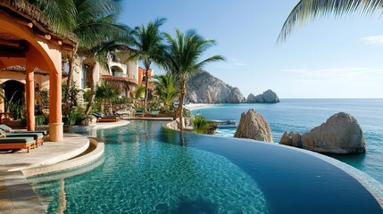 Fototapeta premium A luxurious oceanfront villa with a stunning infinity pool, palm trees, and rocky coastline under a clear blue sky.