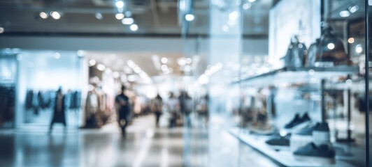 The shoe display in a modern shopping mall with blurred shoppers and lights