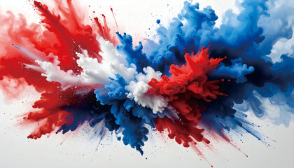 Labor day Red, White and Blue colored dust explosion background. Splash of American flag colors smoke dust on white background, Independence Day, Memorial Day patriotic abstract pattern