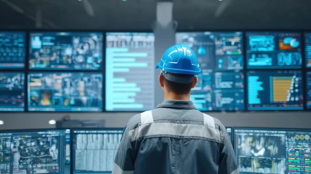 A control room operator observes multiple screens displaying real time information in a modern facility