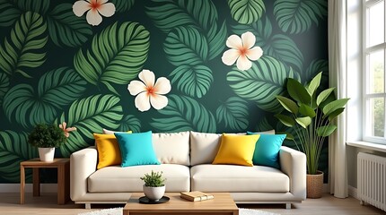 Cozy living room with tropical leaf wallpaper, a light-colored sofa, and colorful throw pillows interior