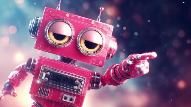 A lively pink robot character pointing finger aside while exploring a vivid digital environment