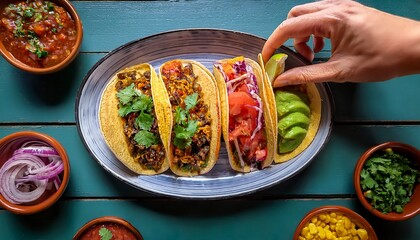 a hand meticulously arranges a vibrant array of freshly prepared tacos each filled with a colorful medley of ingredients creating a visual feast a culinary exploration of flavors