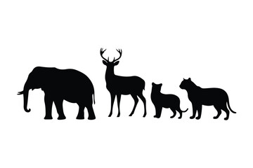 Diverse wildlife collection silhouette set featuring elephant deer small cat and big cat