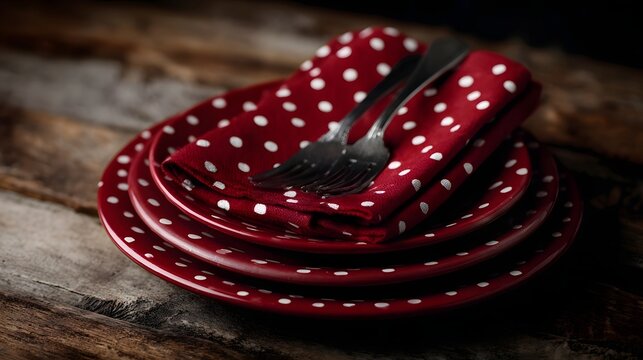 Red polka dot plates napkins and forks are arranged on a rustic wooden table - Powered by Adobe