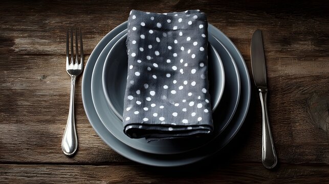Elegant table setting with grey polka dot napkin and cutlery on a rustic wooden surface