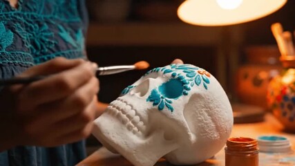 A close-up of an artisan painting a sugar skull with colorful floral patterns under warm lamplight.