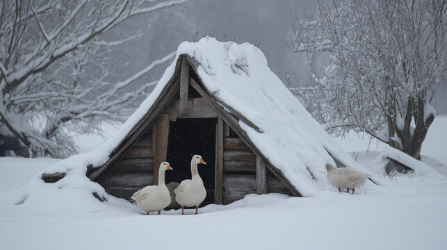 Geese standing outside wooden shelter in snowy winter landscape.  Goose shelter in winter  