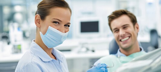Obraz premium The Dentist Smiling While Preparing to Examine a Happy Patient in Clinic