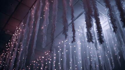 Decorative streamers and sparkling fairy lights hang from a dark indoor ceiling