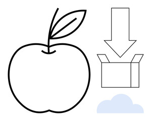 Large apple with leaf, arrow pointing into box, and cloud outline. Ideal for storage, technology, digital download, data transfer, cloud computing, food packaging simple flat metaphor