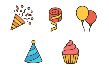 Colorful icons for party celebration featuring confetti, streamer, balloons, hat, and cupcake