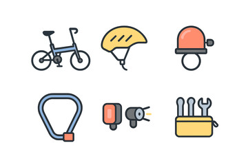 Essential bicycle accessories and maintenance tools icon set