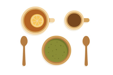 Overhead view of tea and matcha preparation with wooden spoons