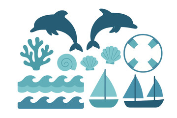 Stylized marine life and nautical elements in various blue tones