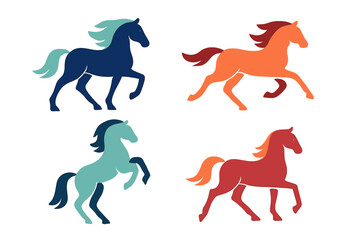 Set of four stylized running and rearing horse silhouettes in contrasting colors