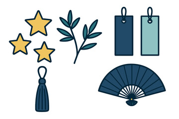 Set of traditional Japanese cultural icons featuring fan, stars, and decorative tags