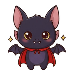 A cute cartoon bat wearing a red cape and smiling with sparkling stars around it. Adorable Halloween illustration of a little vampire bat character on a white background.