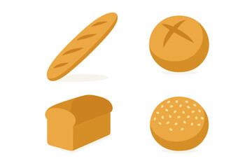 Variety of baked bread products: baguette, loaf, and assorted rolls