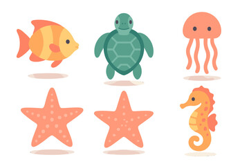 Set of cute cartoon sea creatures including fish, turtle, jellyfish, starfish, and seahorse