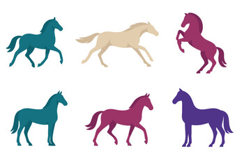 Stylized horses in various poses and colors for graphic design