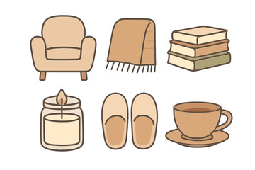 Set of six simple objects symbolizing home comfort and relaxation in muted colors