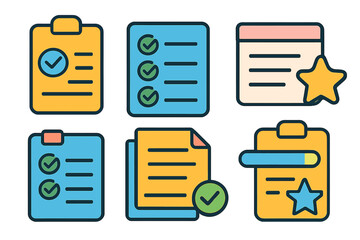 Colorful icons for checklist task management and rating symbols