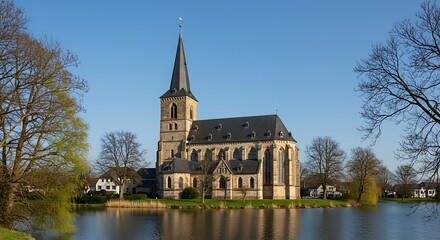 Obraz premium Picturesque church with tall steeple reflected in tranquil lake water under blue sky.