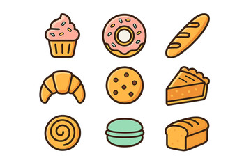 Set of sweet and savory baked goods symbols in minimalist flat design