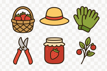 Summer gardening and harvest set featuring strawberries, straw hat, protective gloves, and shears