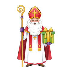 Sinterklaas with gift box, Dutch Saint Nicholas day in Netherlands. Greeting card for holland holiday. Celebration concept for children european party in Saint Nicolas day five december.