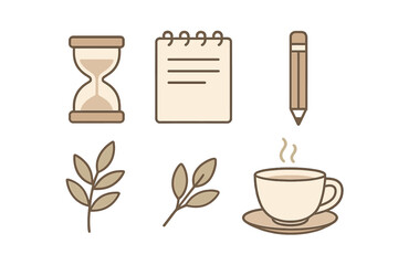 Minimalist collection of productivity and relaxation icons: hourglass, notepad, pencil, and coffee cup
