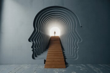 Fototapeta premium Person walking up stairs through layered head silhouette tunnel towards light, concept for mind journey and self discovery