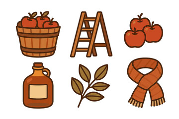 Autumn harvest collection with apples, wooden ladder, cider jug, fall leaves, and cozy scarf