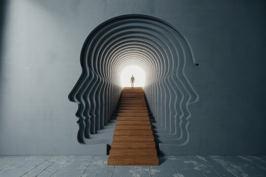 Person walking up stairs through layered head silhouette tunnel towards light, concept for mind journey and self discovery