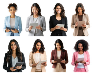 PNG Diverse women using digital tablets, element set on transparent background